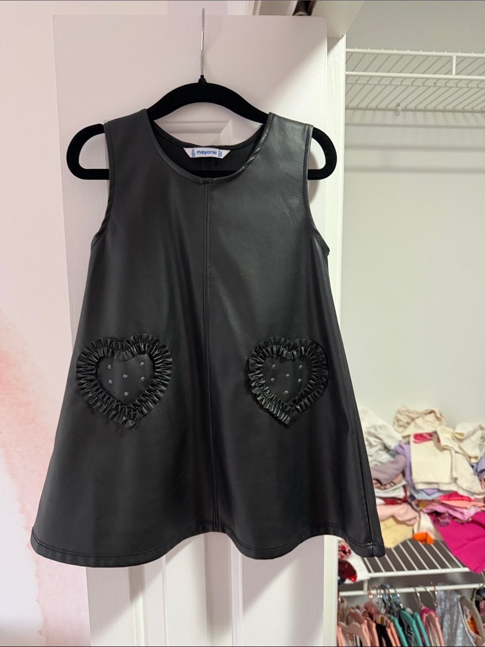 Mayoral Black Faux Leather A-Line Dress with Heart Patch Pockets